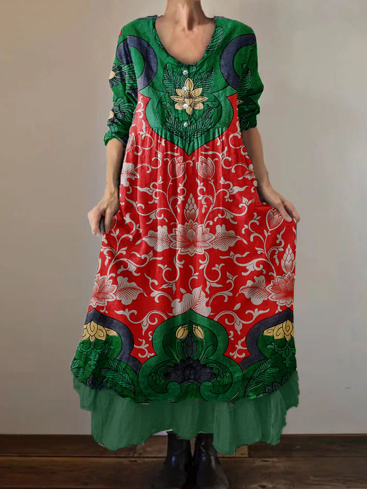Women's Geometric Art Print Cotton and Linen Double Layer Dress
