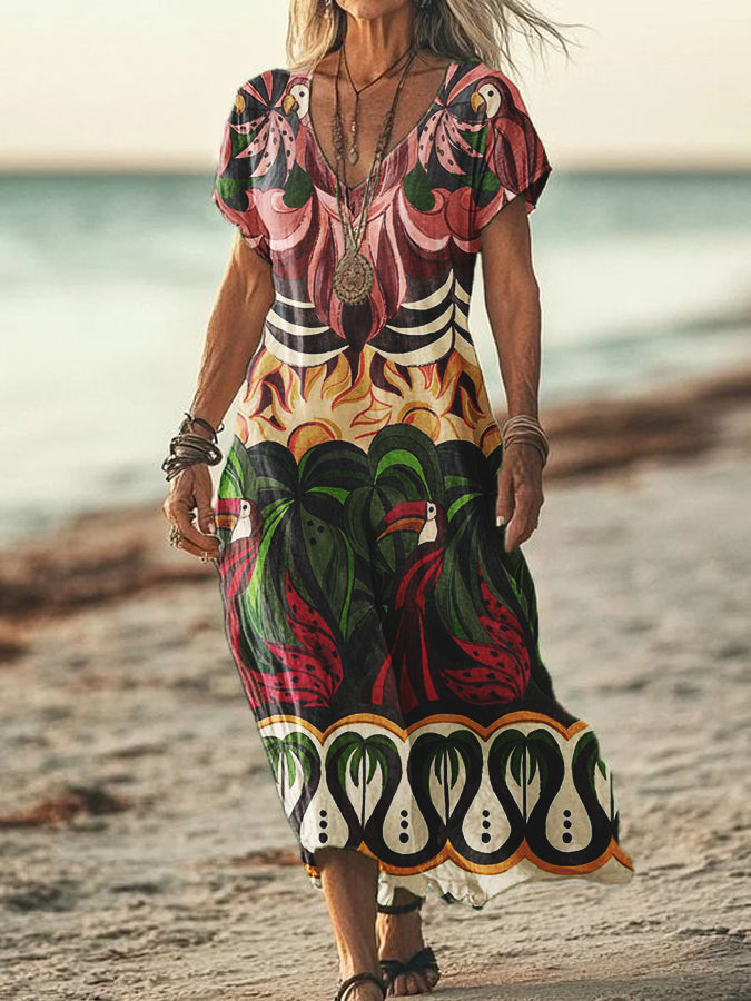 Women's Copatucano Art Printed Cotton Linen V-Neck Short Sleeve Dress