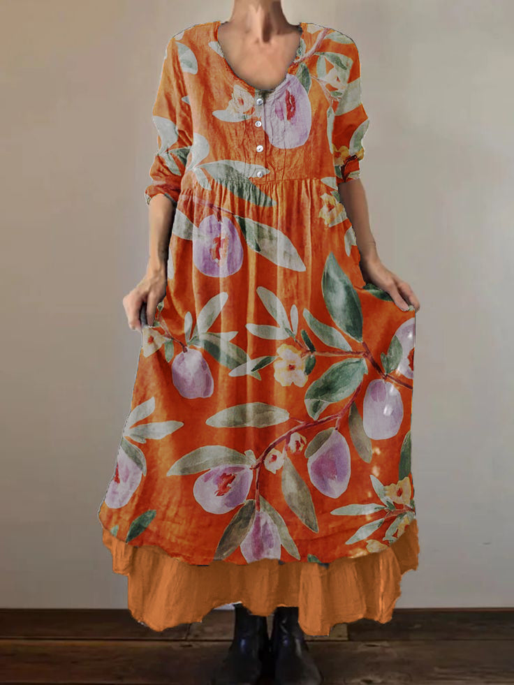 Women's Fruitart Print Cotton and Linen Double Layer Dress