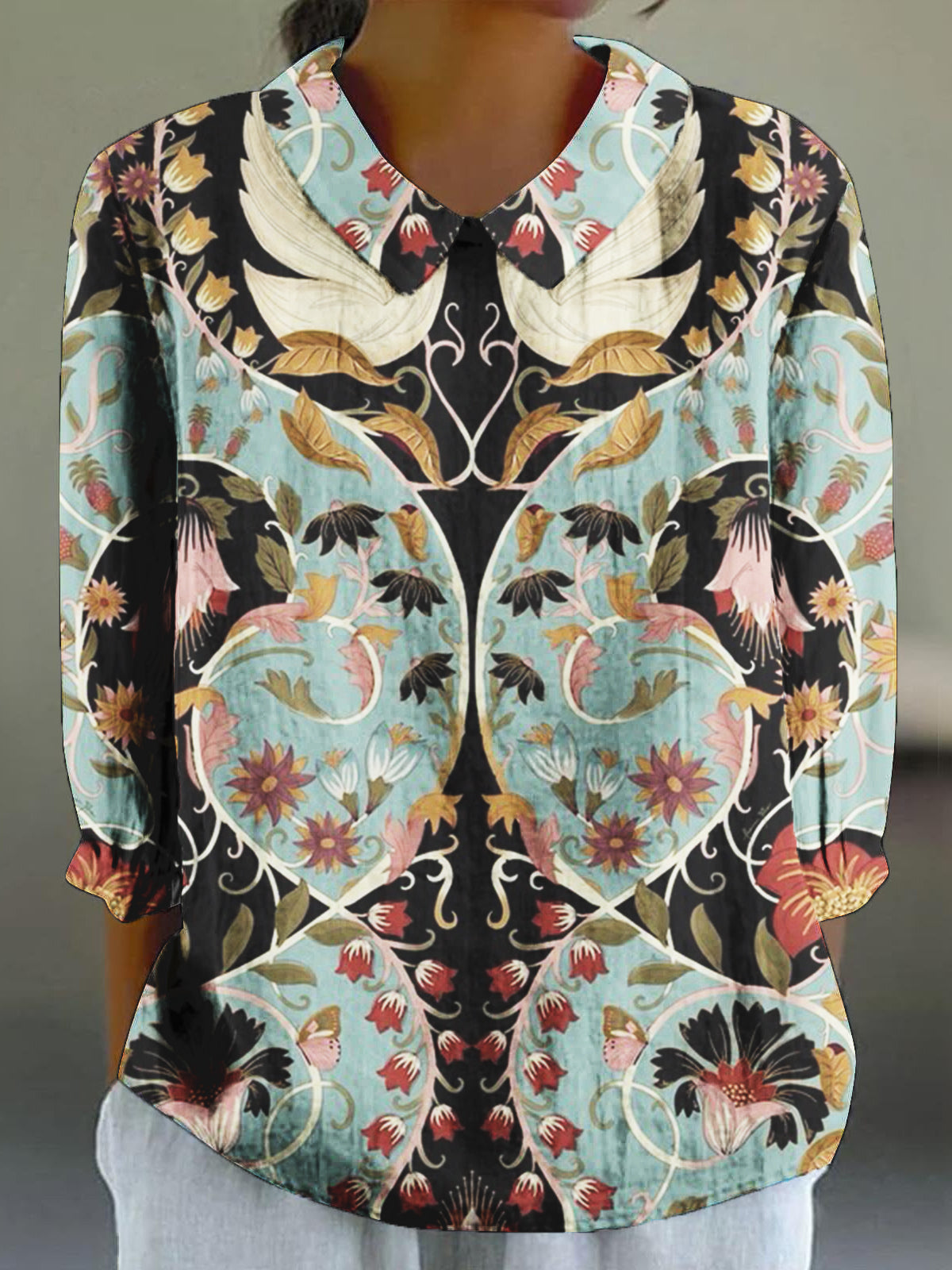 Women's Copatucano Art Printed Cotton Linen 3/4 Sleeve Shirt