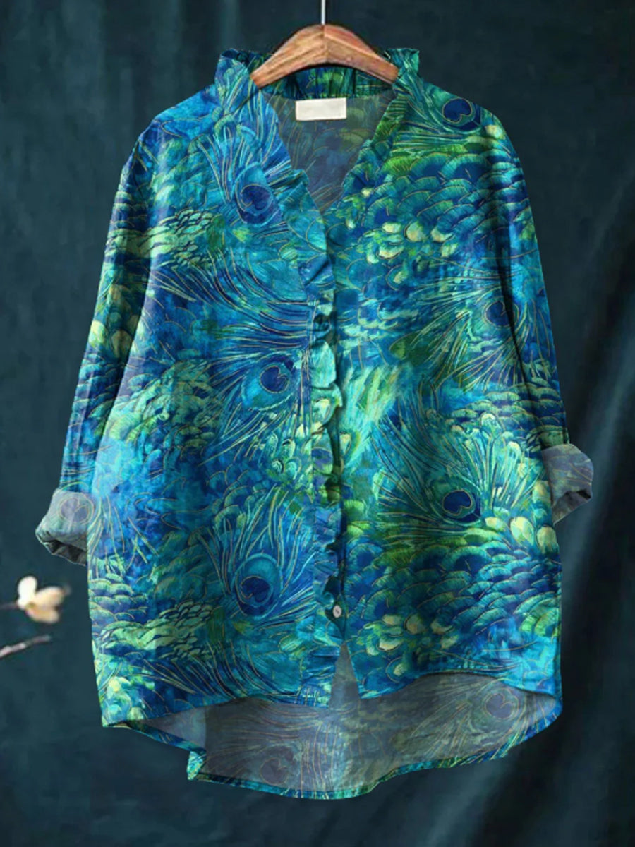 Women's Peacock Feather Pattern Art Print Casual Cotton And Linen Ruffle Shirt
