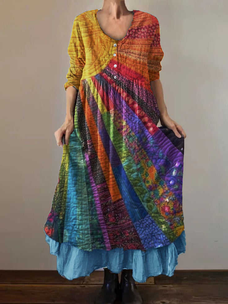 Women's sunart Print Cotton and Linen Double Layer Dress