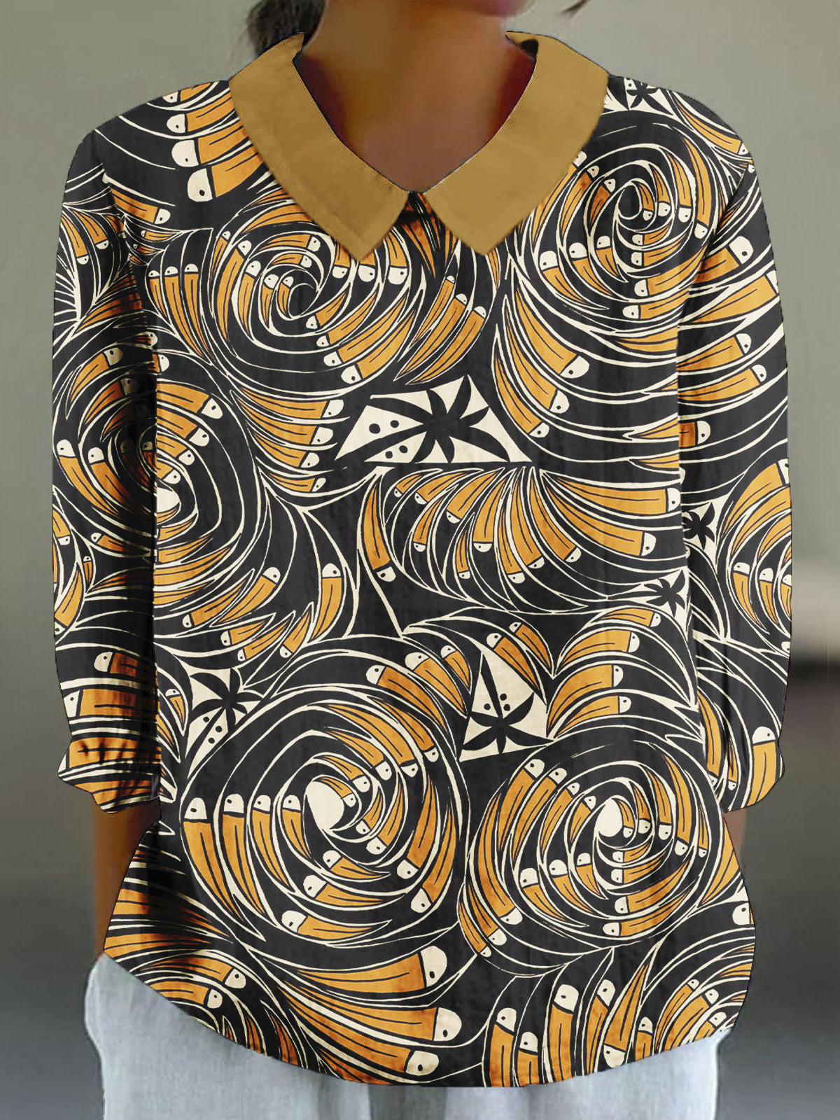 Women's Copatucano Art Printed Cotton Linen 3/4 Sleeve Shirt