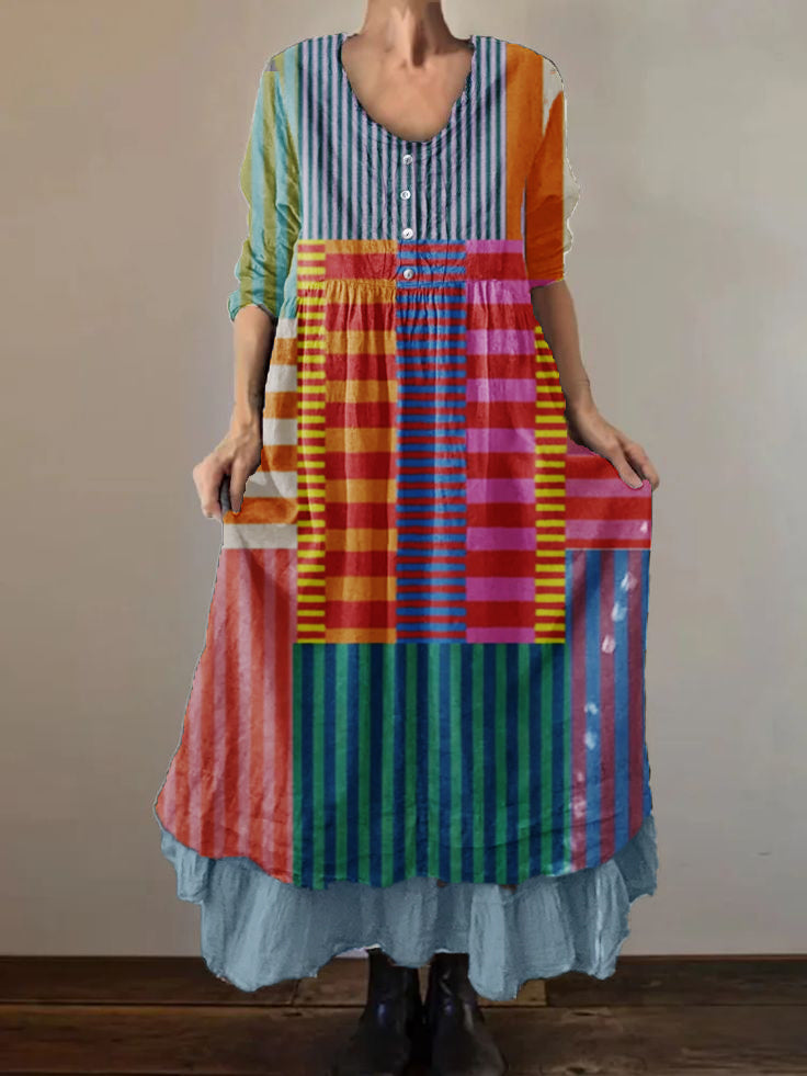 Women's Geometric Art Print Cotton and Linen Double Layer Dress