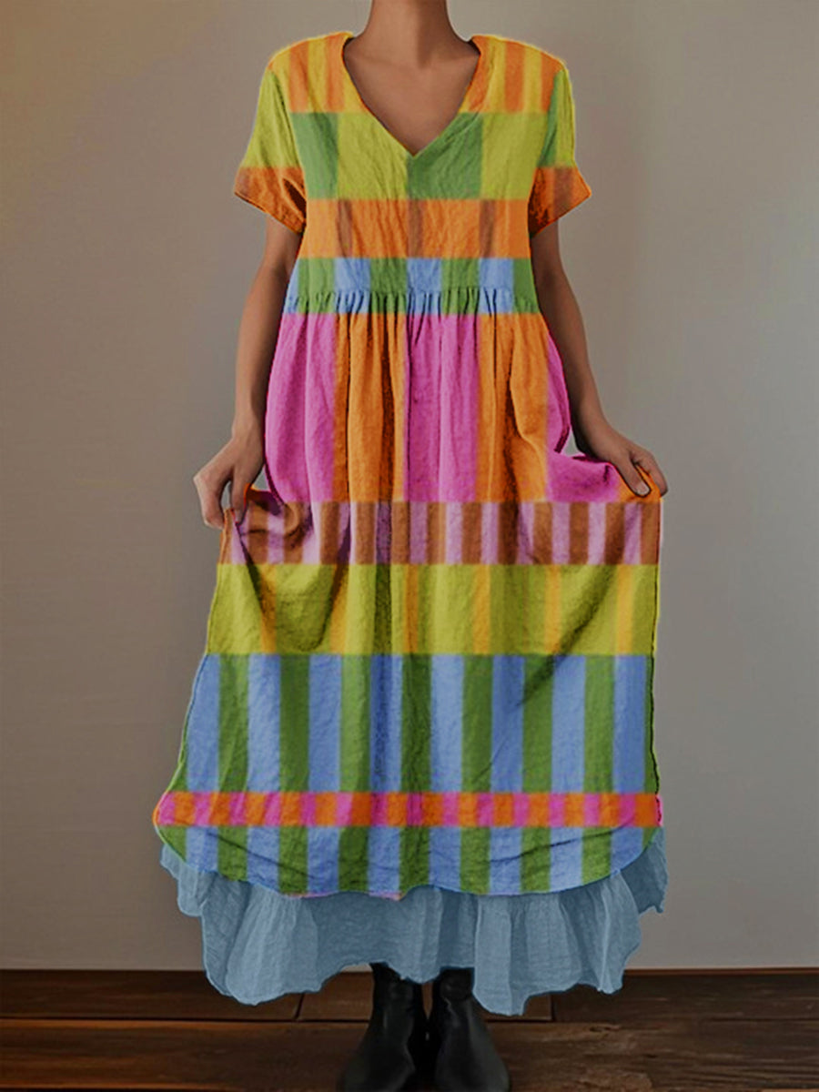 Women's Geometric Art Print V-Neck Short Sleeve Cotton and Linen Double Layer Dress