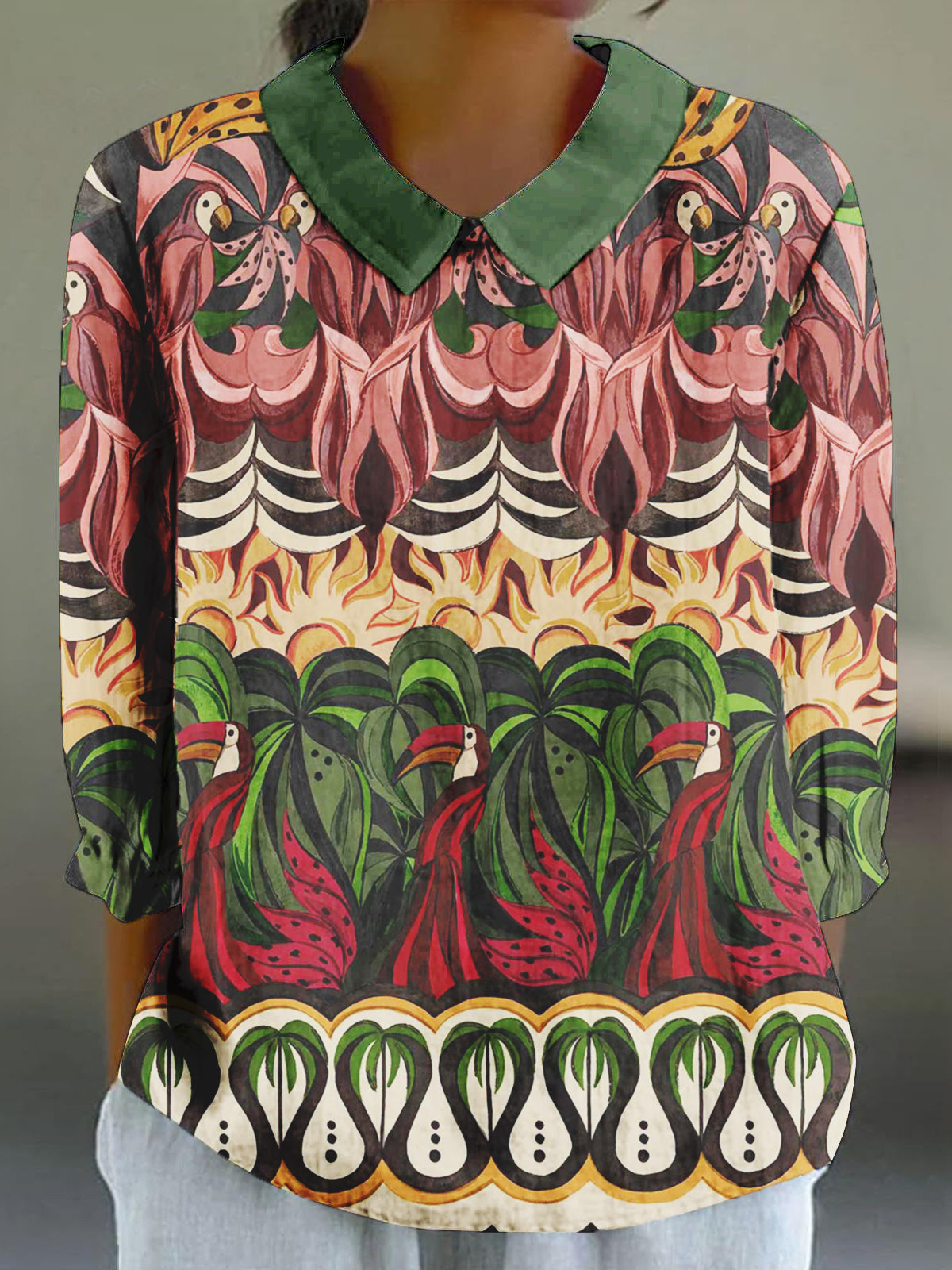 Women's Copatucano Art Printed Cotton Linen 3/4 Sleeve Shirt