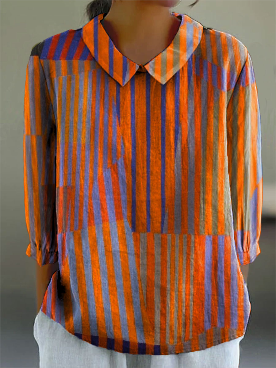 Women's Abstract Geometric Pattern Art Print Casual Cotton And Linen 3/4 Sleeve Shirt