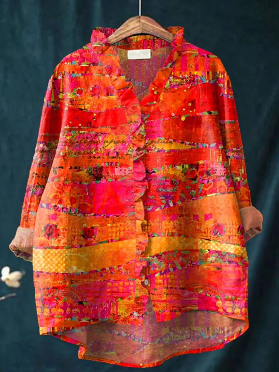 Women's Vintage Abstract Geometric Art Print Casual Cotton And Linen Ruffle Shirt