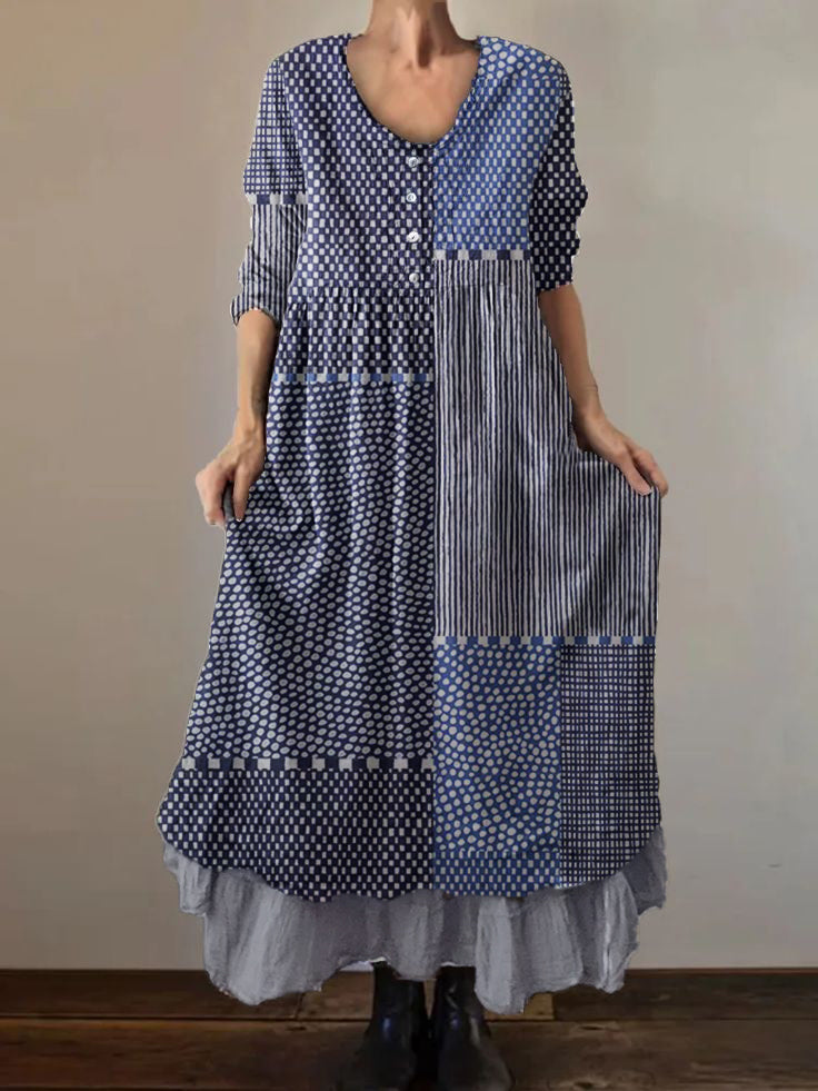 Women's Geometric Art Print Cotton and Linen Double Layer Dress