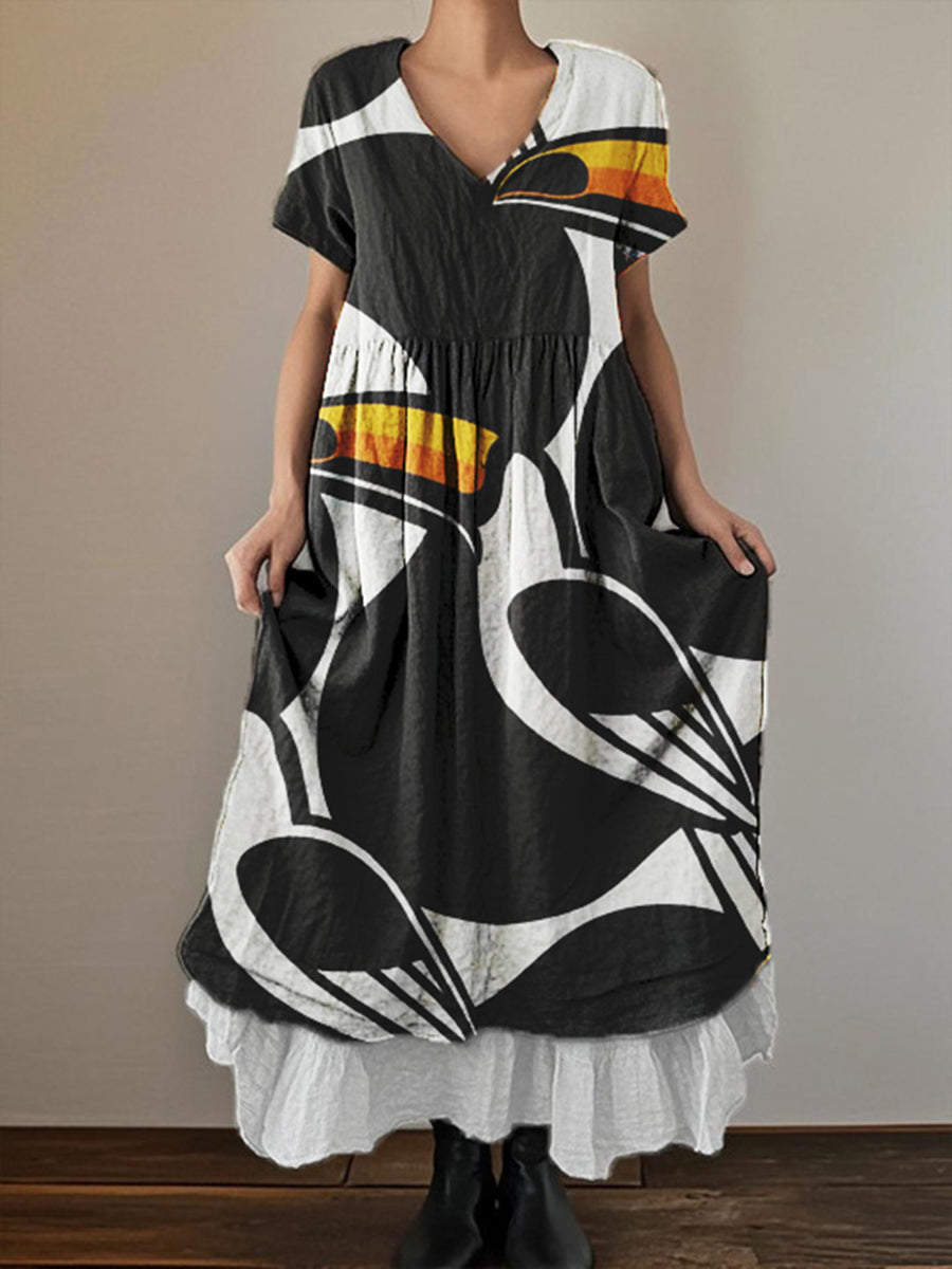 Women's Geometric Art Print V-Neck Short Sleeve Cotton and Linen Double Layer Dress