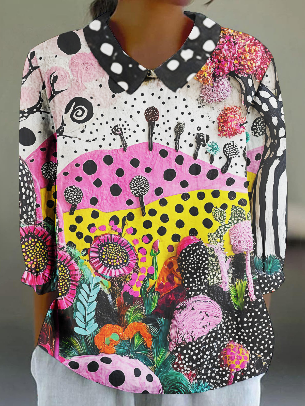 Women's Copatucano Art Printed Cotton Linen 3/4 Sleeve Shirt