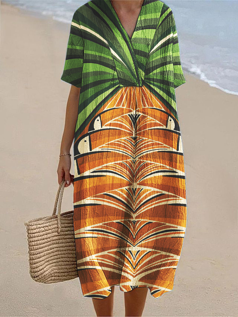 Women's Abstract Art Print Cotton Linen V-Neck Short Sleeve Dress