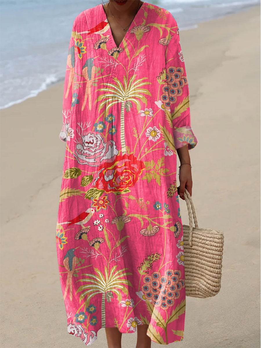 Women's Vintage Floral Art Print 3/4 Sleeve Dress