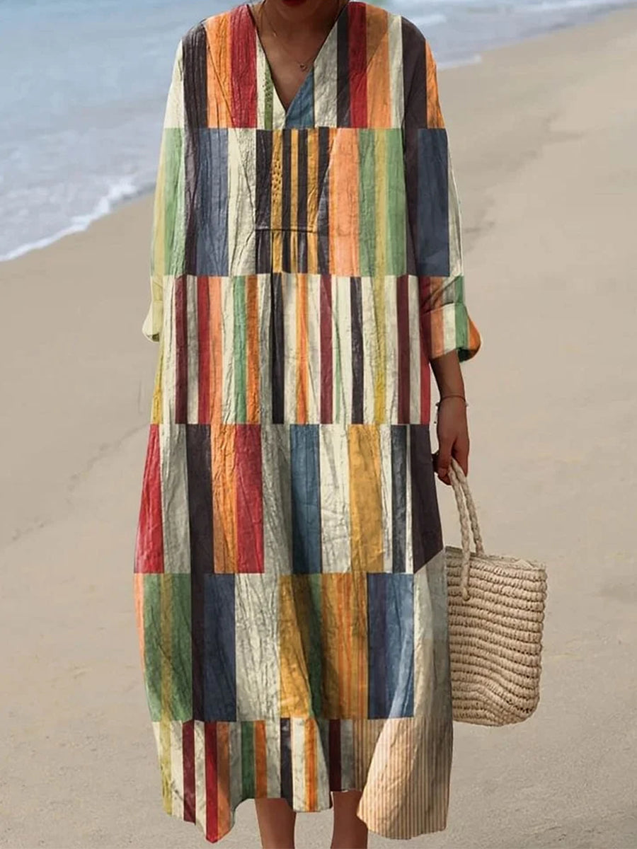 Women's Irregular Geometric Art Print Cotton And Linen Dress