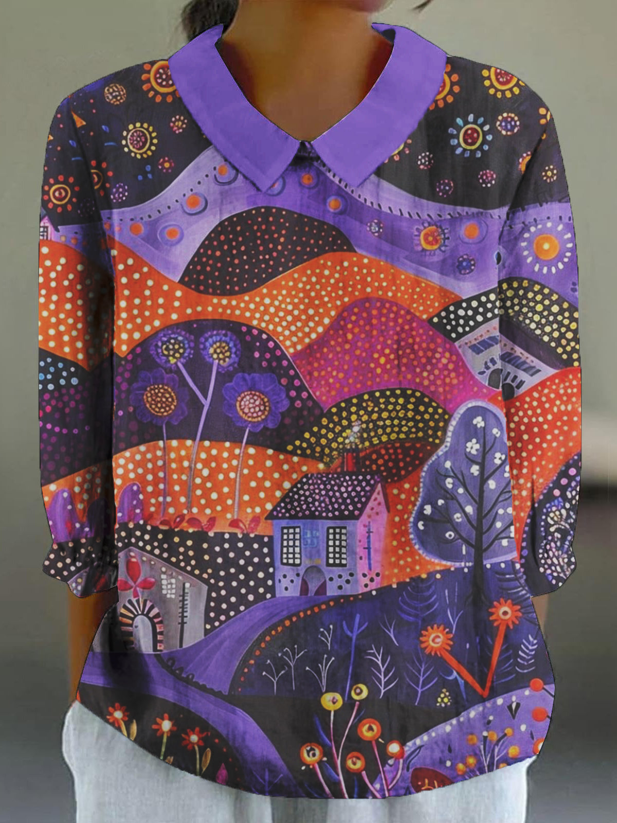 Women's Copatucano Art Printed Cotton Linen 3/4 Sleeve Shirt
