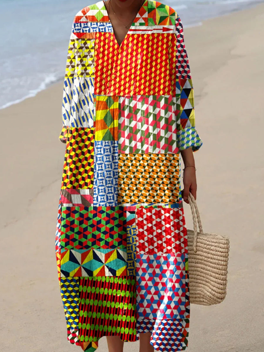 Women's Vintage Abstract Geometric Line Art Print Dress