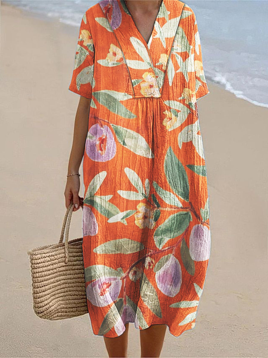 Women's Fruit Art Print Cotton Linen V-Neck Short Sleeve Dress