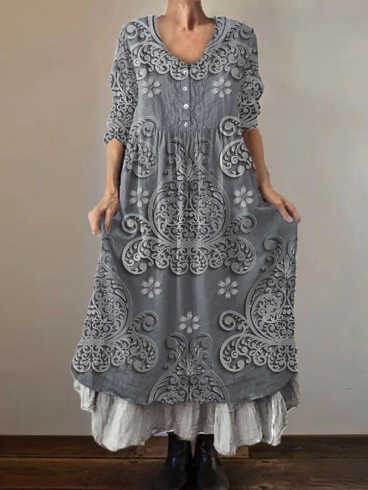 Women's Vintage Positioning Cutout Printed Cotton and Linen Double Layer 3/4 Sleeve Dress