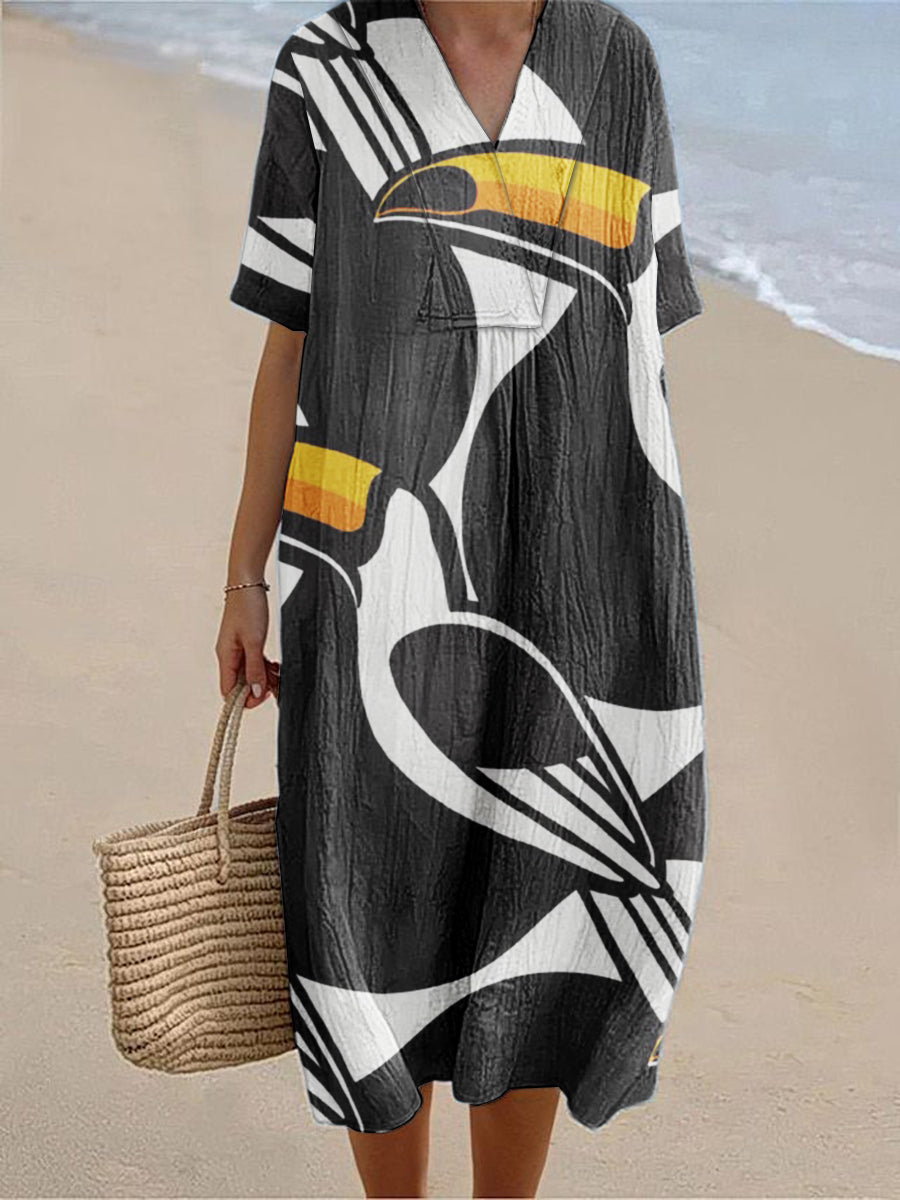 Women's Copatucano Print Cotton Linen V-Neck Short Sleeve Dress
