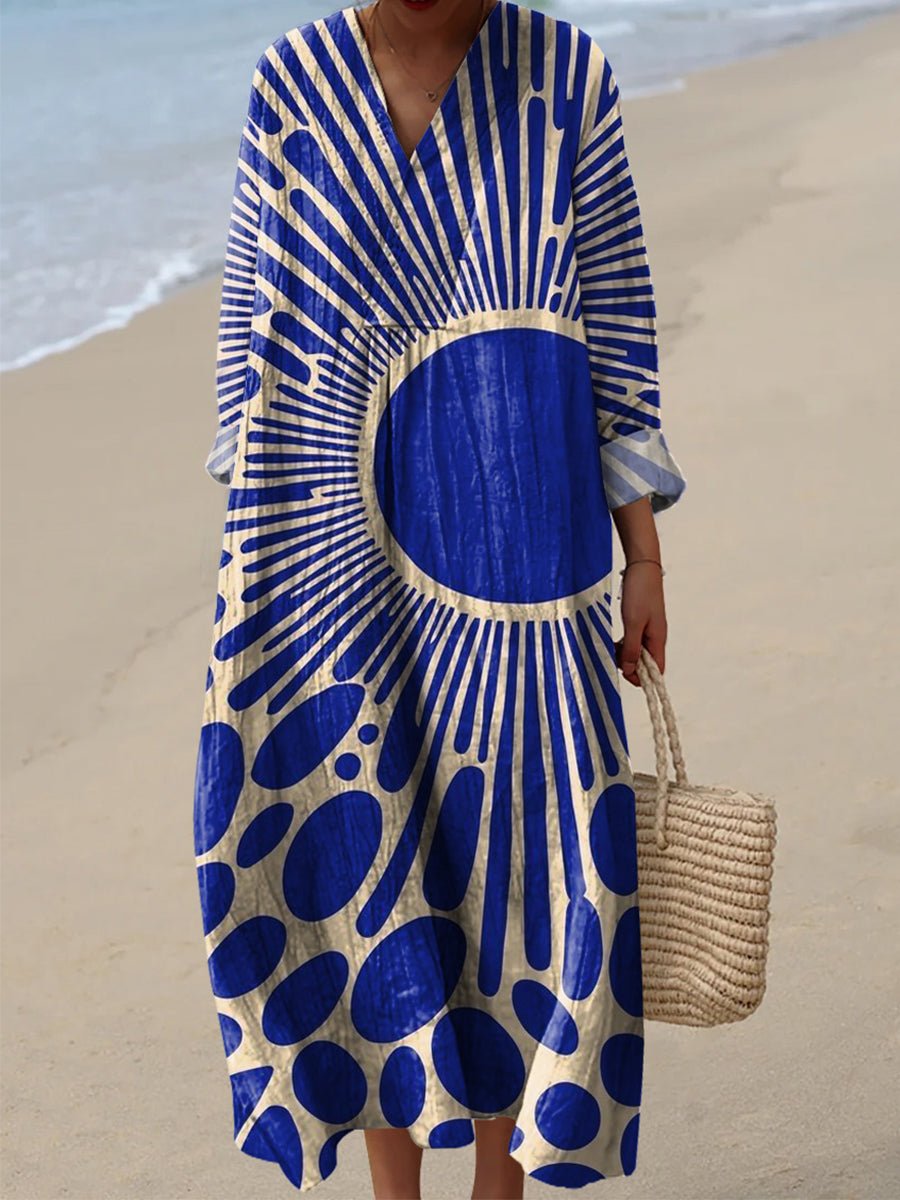 Women's Irregular Geometric Art Print Cotton And Linen Dress