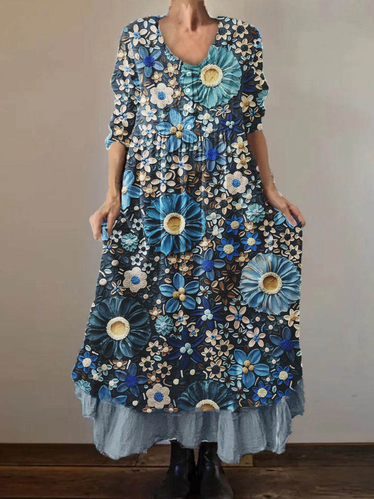 Women's Three-dimensional Floral Print Cotton and Linen Double Layer 3/4 Sleeve Dress