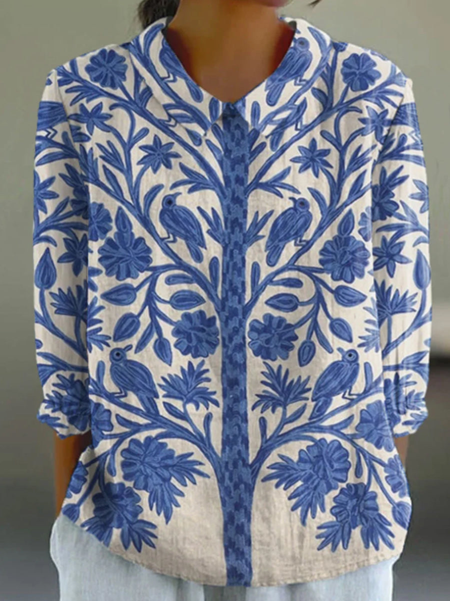 Women's Vintage Floral Art Print Casual Cotton And Linen 3/4 Sleeve Shirt