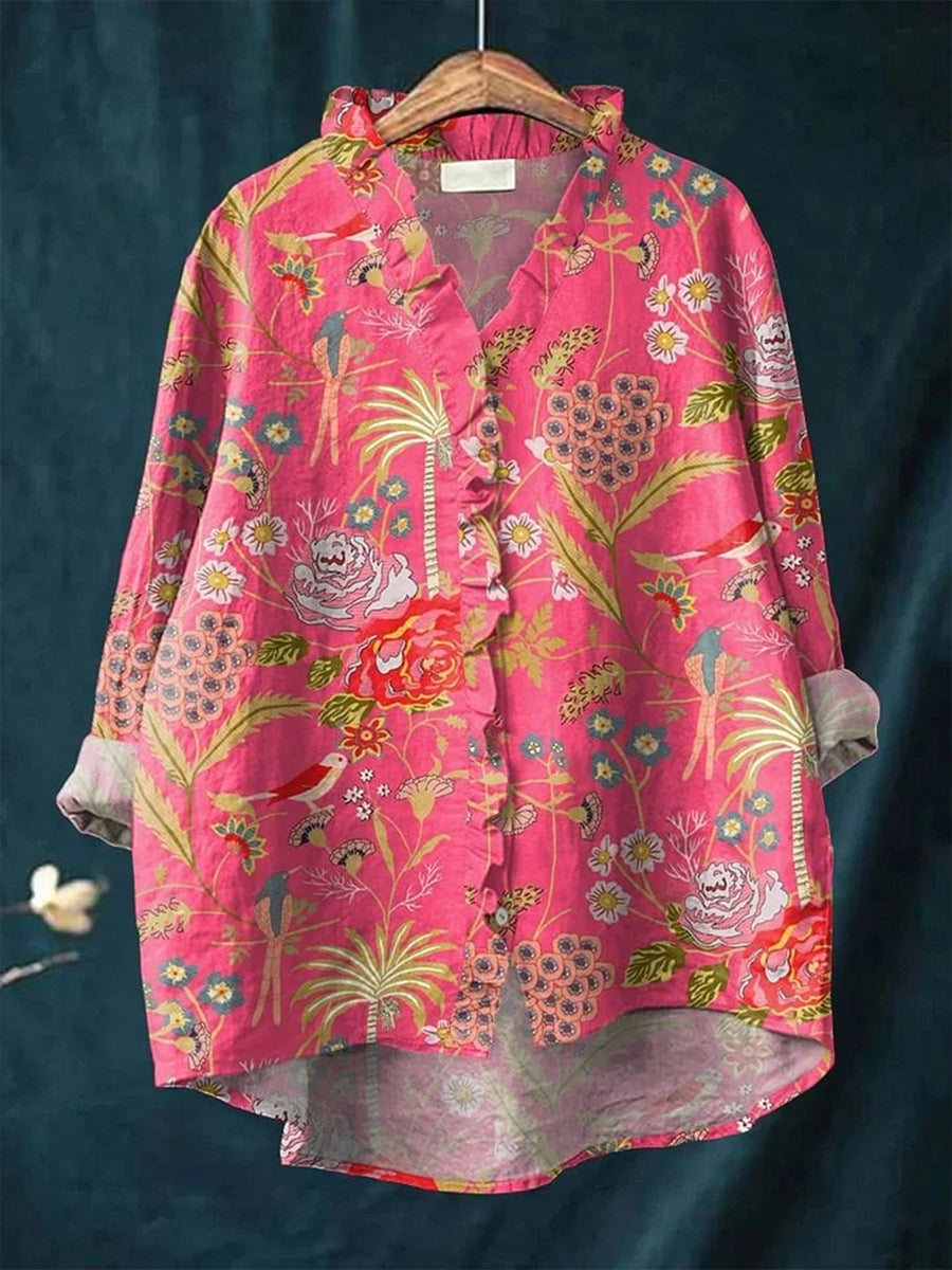 Women's Vintage Floral Art Print Long Sleeve Shirt