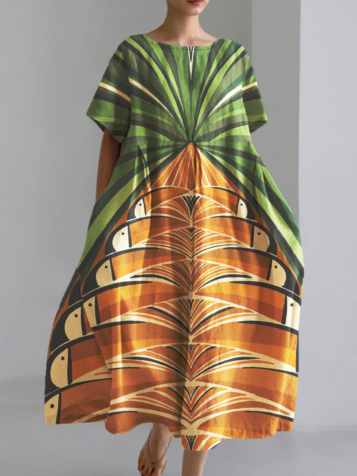 Women's Abstract Art Print Cotton Linen Short Sleeve Pocket Dress