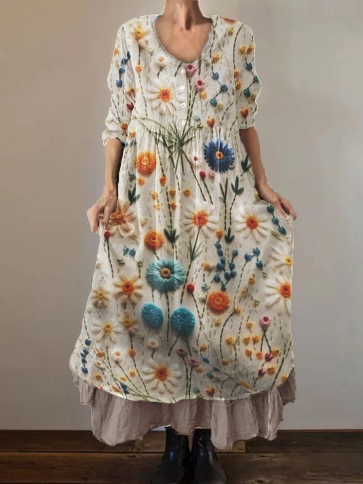 Women's Embroidered Floral Print Cotton and Linen Double Layer 3/4 Sleeve Dress