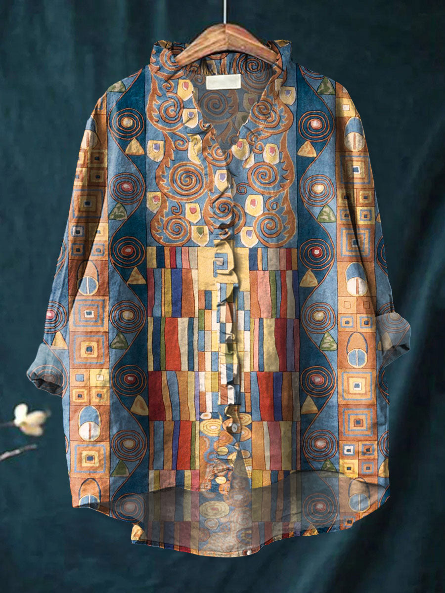 Women's Abstract Geometric Pattern Art Print Casual Cotton And Linen Ruffle Shirt