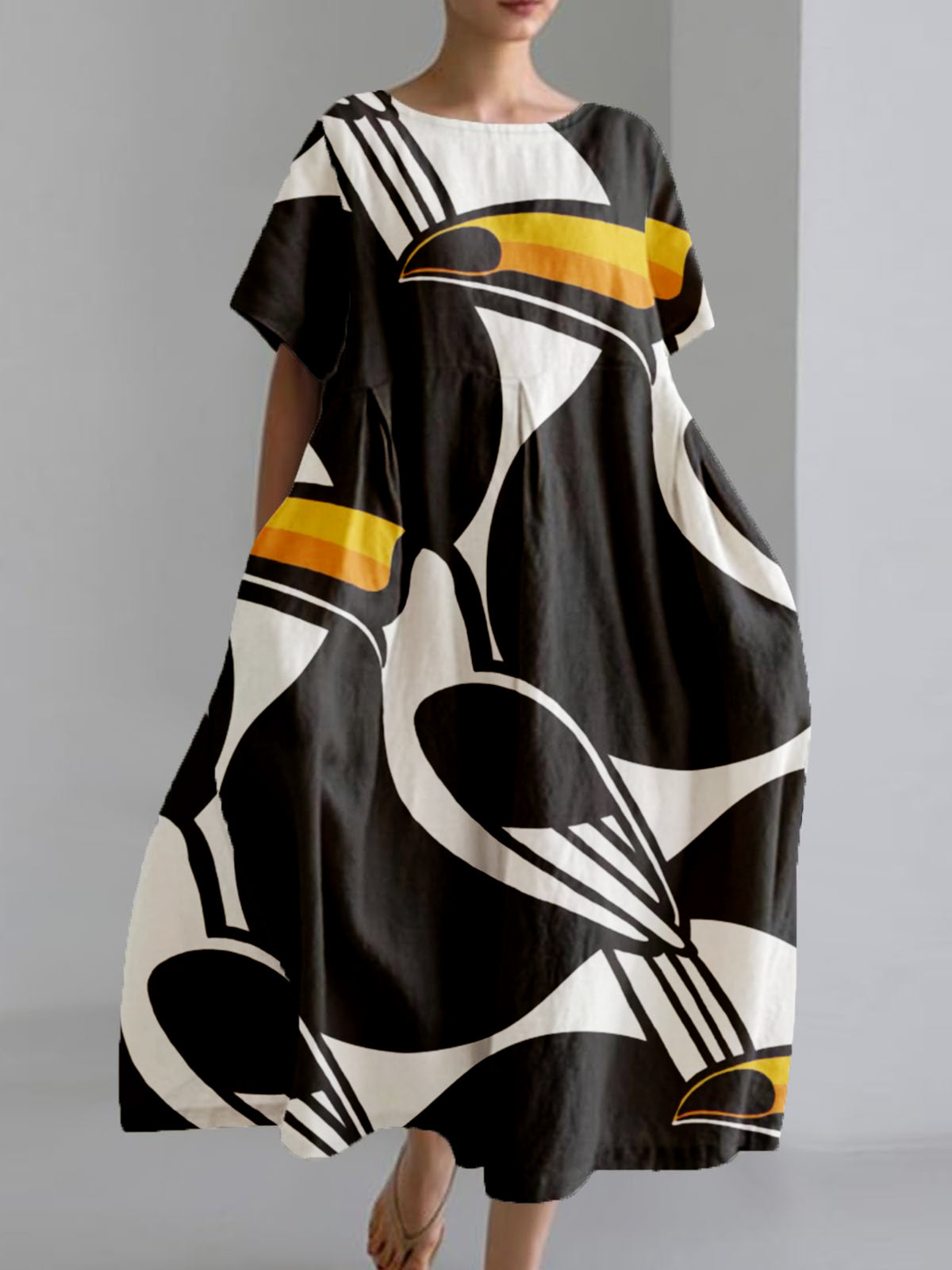 Women's Copatucano Print Cotton Linen Short Sleeve Pocket Dress