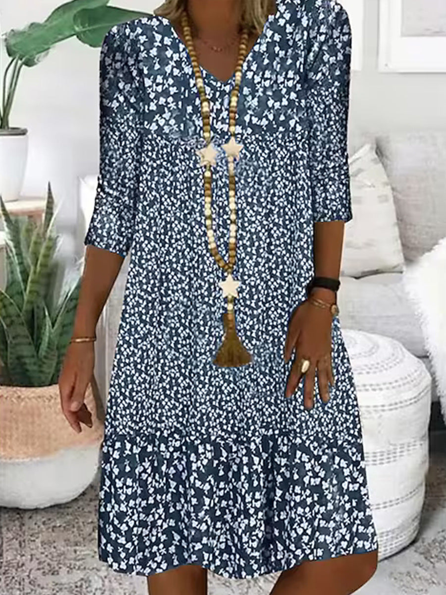 Women's Vintage Printed Mid Sleeve V-Neck Midi Dresses