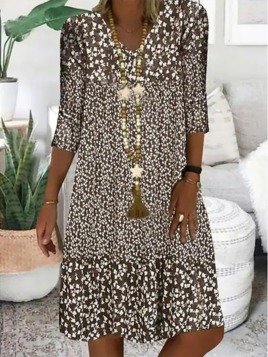Women's Vintage Printed Mid Sleeve V-Neck Midi Dresses