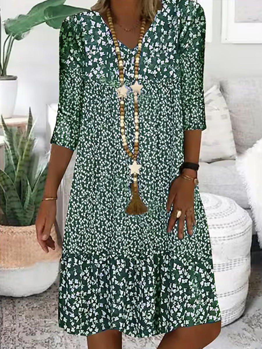 Women's Vintage Printed Mid Sleeve V-Neck Midi Dresses