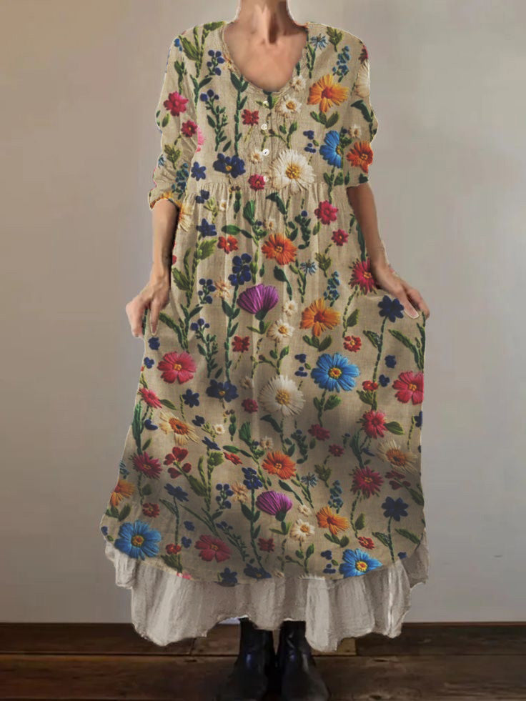 Women's Embroidered Floral Print Cotton and Linen Double Layer 3/4 Sleeve Dress