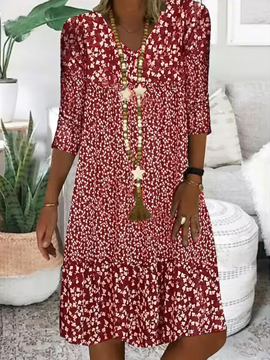 Women's Vintage Printed Mid Sleeve V-Neck Midi Dresses