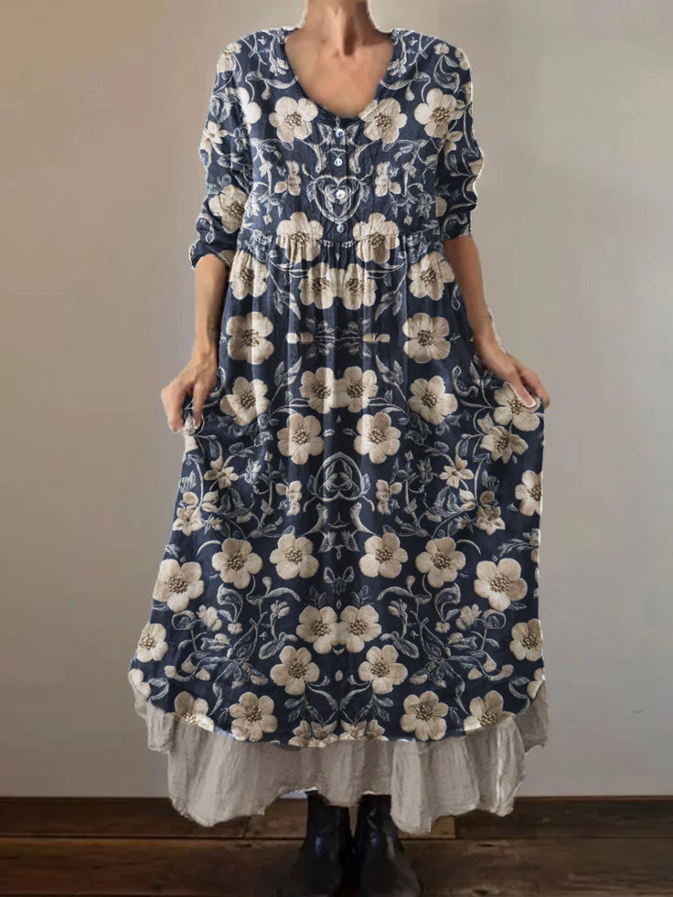 Women's Embroidered Floral Print Cotton and Linen Double Layer 3/4 Sleeve Dress