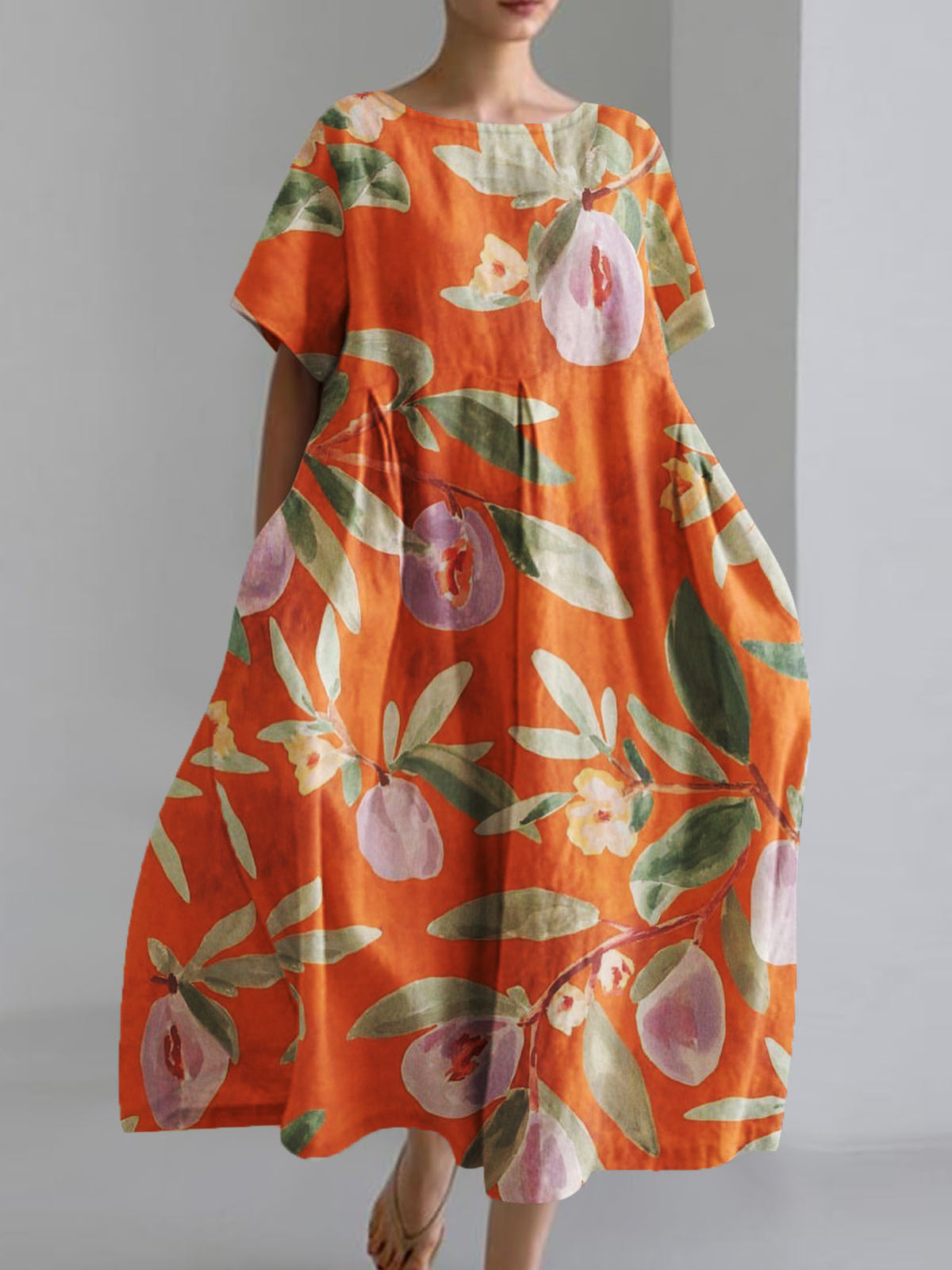 Women's Fruit Art Print Cotton Linen Short Sleeve Pocket Dress
