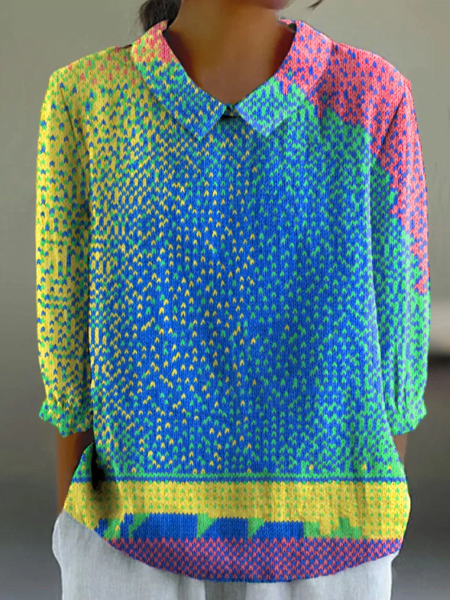 Women's Bright Weaving Art Print Casual Cotton And Linen 3/4 Sleeve Shirt