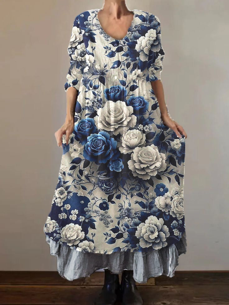 Printed V-Neck Elegant Chic Loose Long Sleeve Maxi Dress