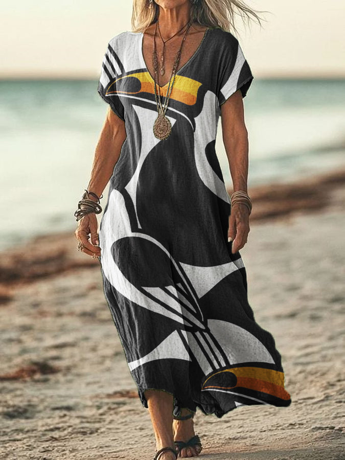 Women's Copatucano Print Cotton Linen Short Sleeve Pocket Dress