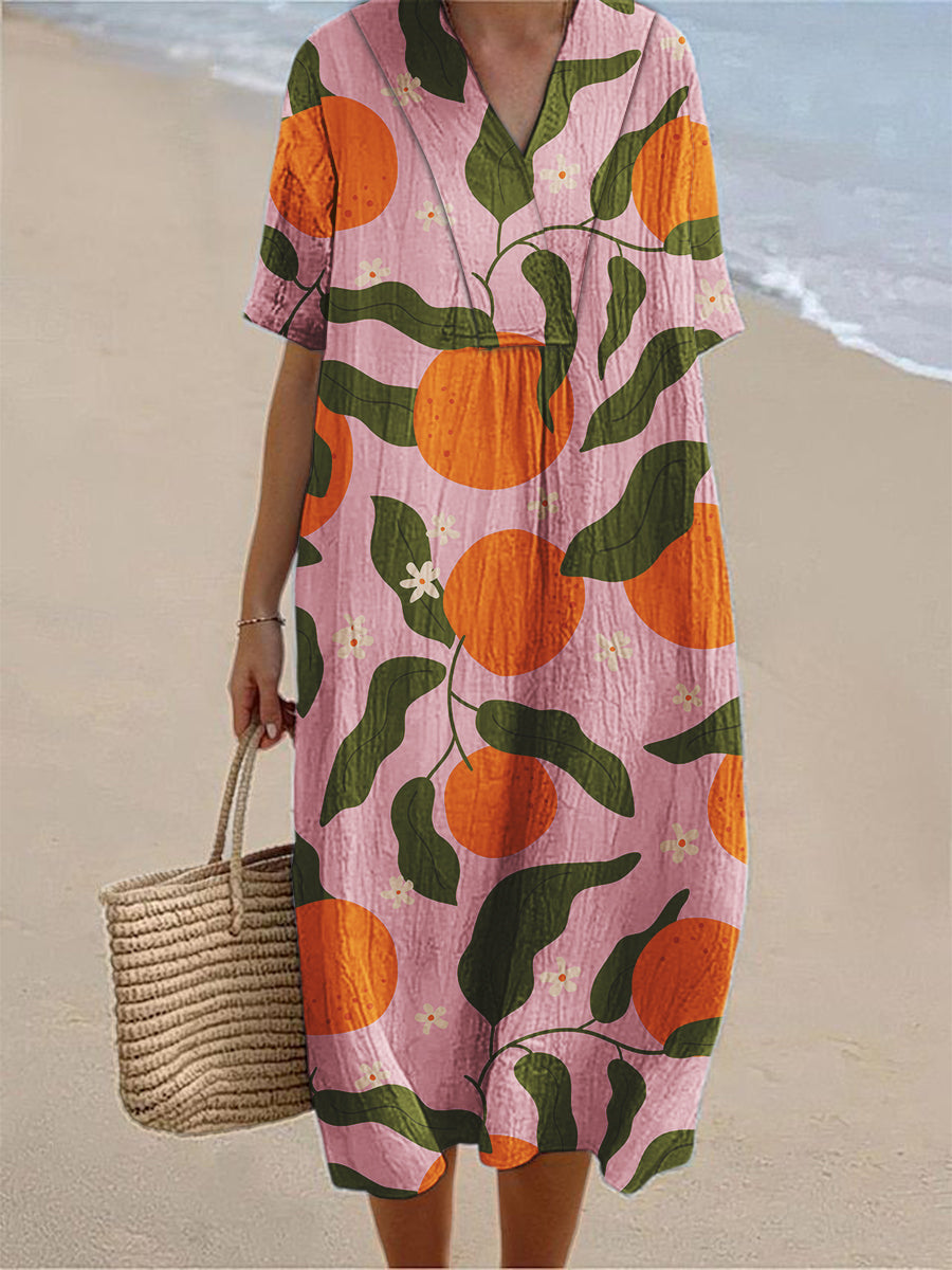 Women's Tangerine Fruit Art Print Short Sleeve Dress