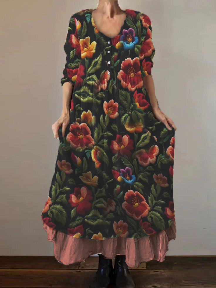 Women's Vintage Embroidered Floral Print Cotton and Linen Double Layer 3/4 Sleeve Dress