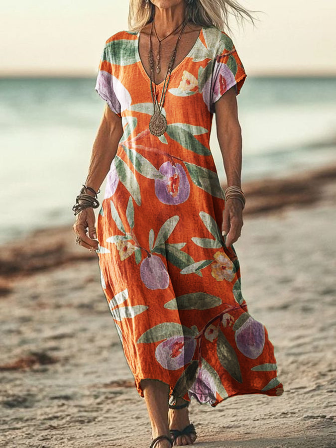 Women's Fruit Art Print Cotton Linen V-Neck Short Sleeve Dress