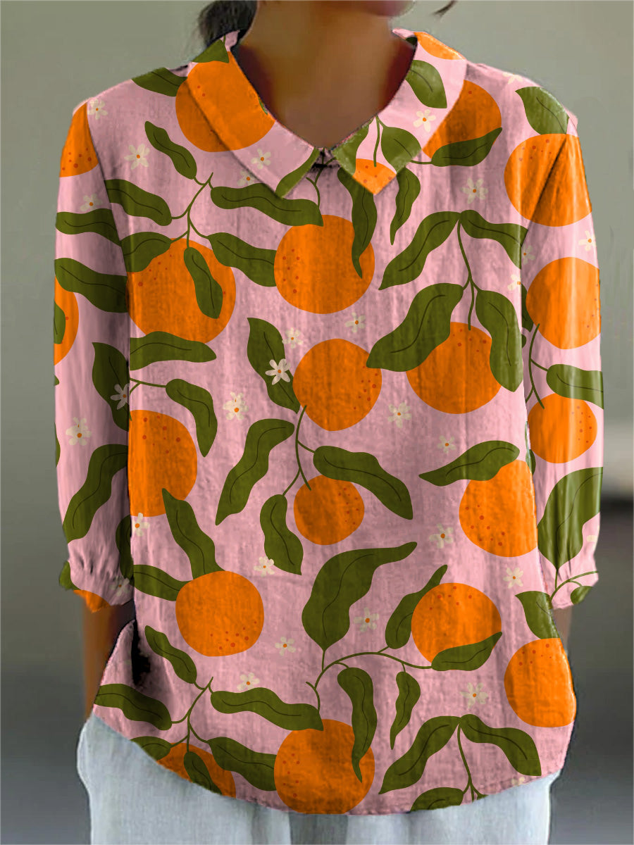 Summer Orange Pattern Printed Women's Casual Cotton And Linen 3/4 Sleeve Shirt