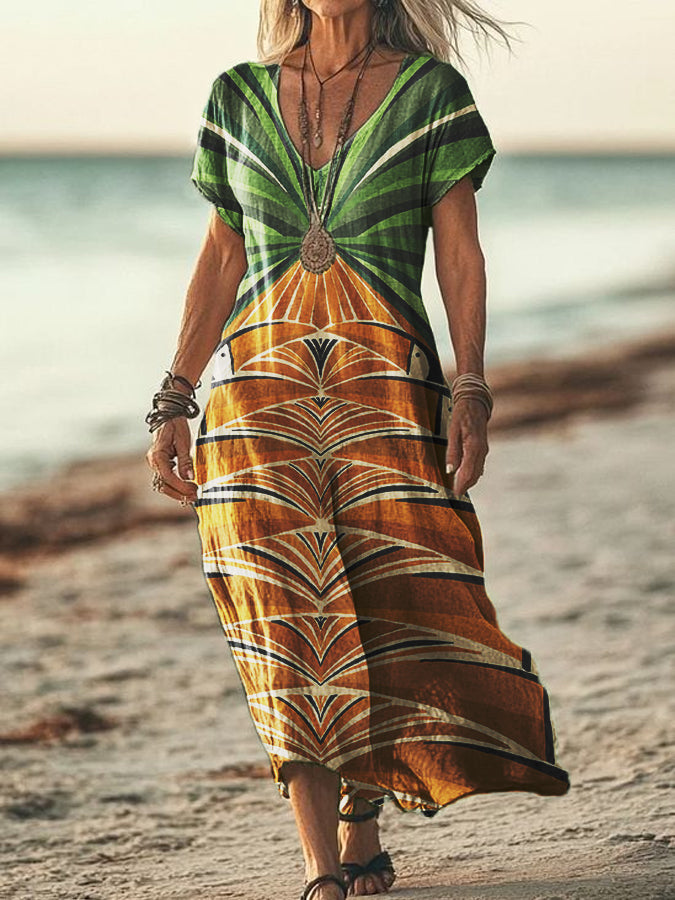 Women's Abstract Art Print Cotton Linen V-Neck Short Sleeve Dress