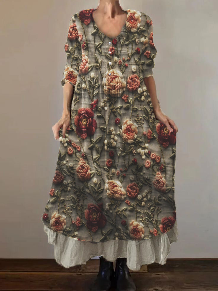 Women's Vintage Embroidered Floral Print Cotton and Linen Double Layer 3/4 Sleeve Dress