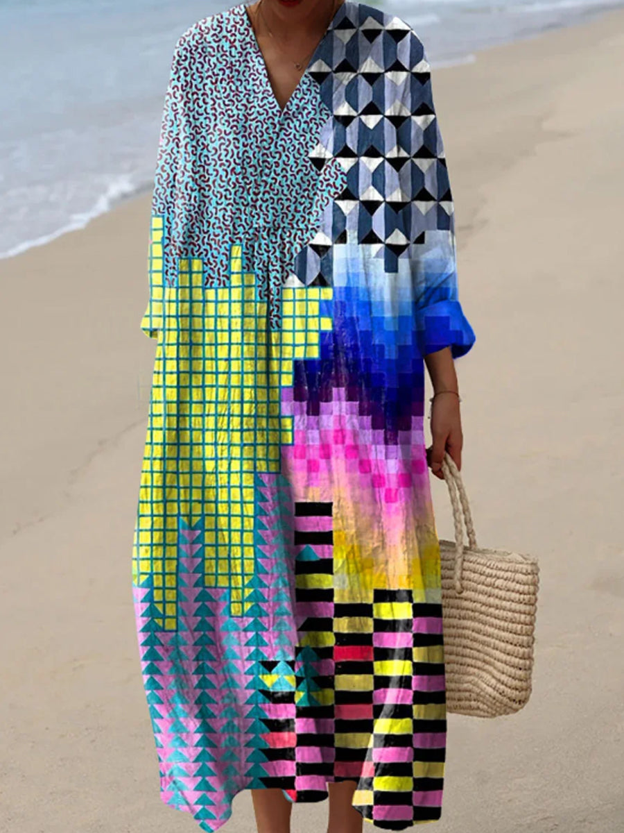 Women's Abstract Geometric Pattern Art Print Cotton Dress