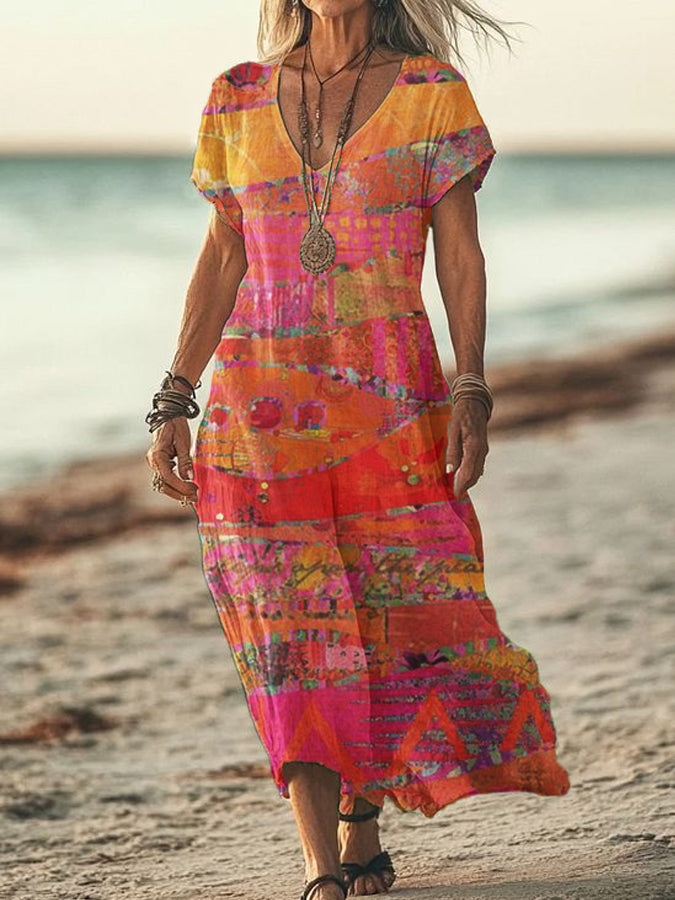 Women's Abstract Art Print Cotton Linen V-Neck Short Sleeve Dress