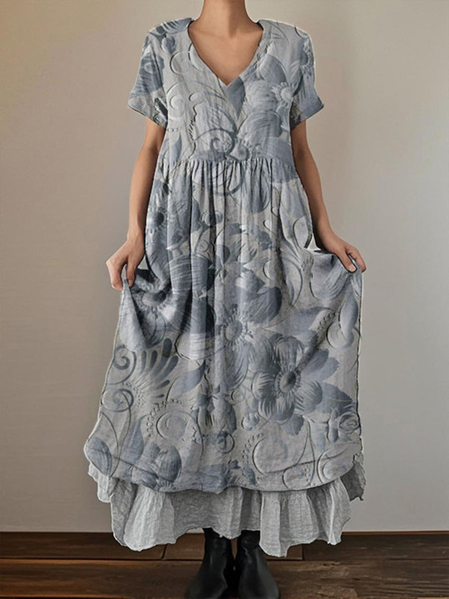 Women's Retro Stereoscopic Printed Short Sleeve V-Neck Double Layer Dresses